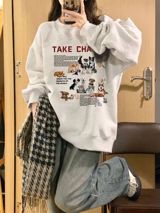 白灰色纯棉圆领卫衣女春秋季薄款美式ins学生宽松慵懒风长袖上衣