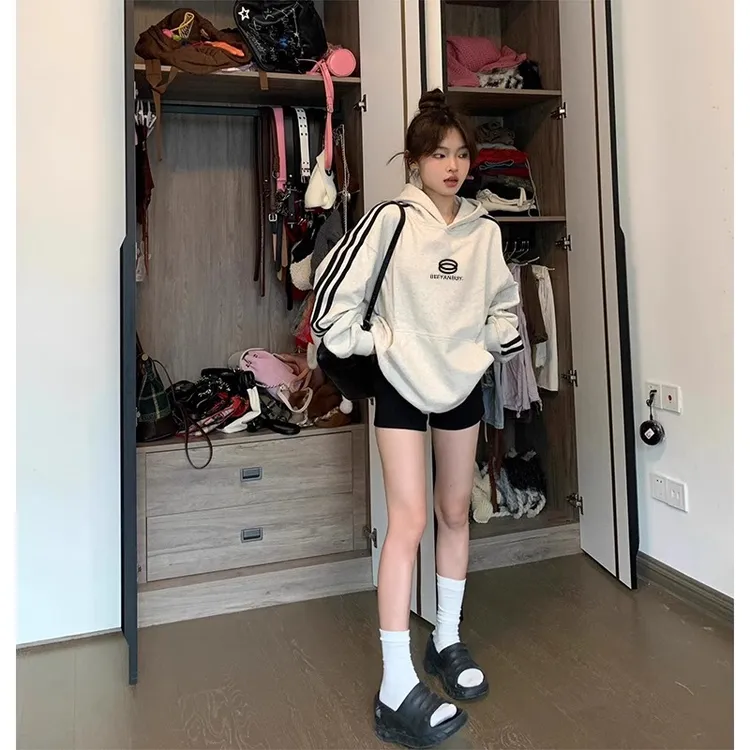 三条杠灰色连帽卫衣女春秋季薄款美式潮牌情侣宽松百搭慵懒风外套