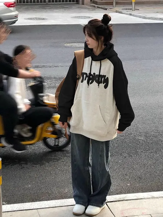 美式重磅撞色插肩袖连帽卫衣女秋冬加绒加厚宽松慵懒风外套ins潮