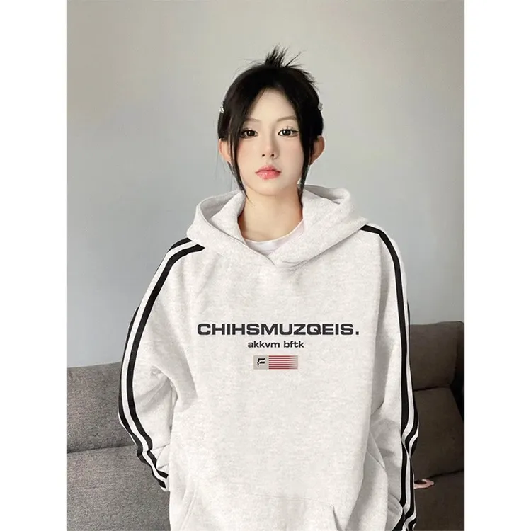 美式三条杠卫衣女春秋薄款重磅港风潮流学生宽松oversize连帽外套