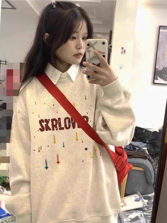 美式复古灰色圆领卫衣女春秋季薄款胖mm大码学生宽松oversize上衣