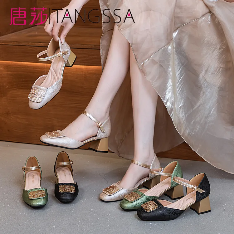 TANGSSA/唐莎时尚夏季女凉鞋国风汉服方扣时尚玛丽珍粗跟6016-17