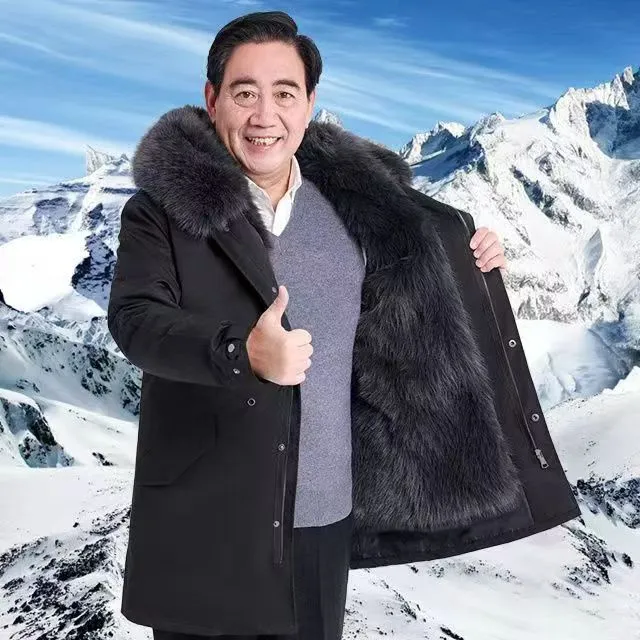 冬季派克服爸爸装中老年男装内胆可拆卸加绒加厚防寒中长款外套
