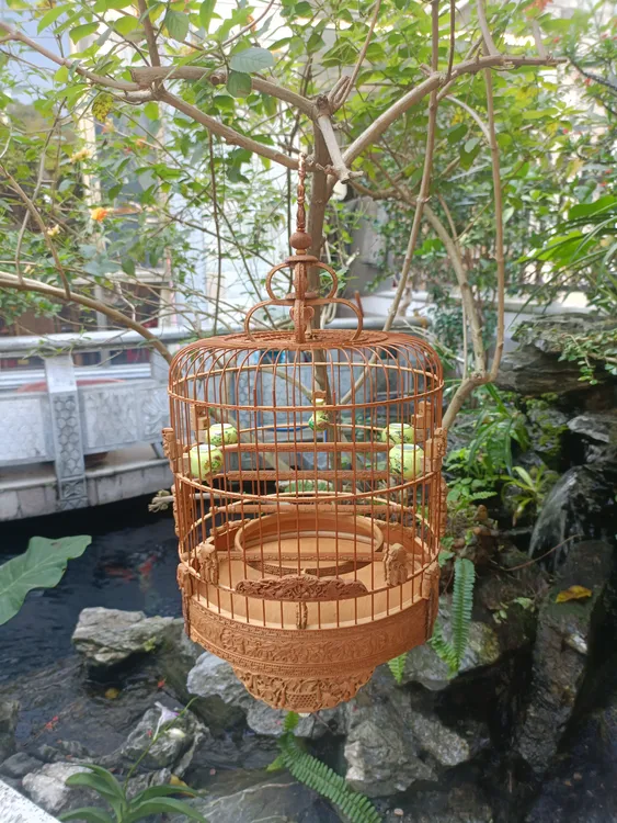 竹雕九十年代纯手工雕刻丰硕图直径24.3笼身净高26Cm
