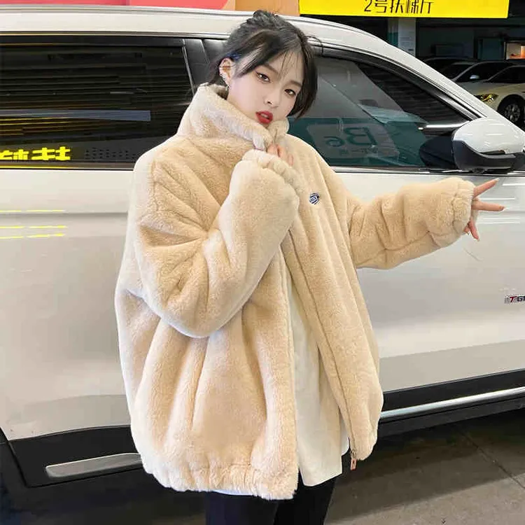 2025新款宽松仿兔毛立领棉衣加厚毛毛外套毛绒外套女冬款保暖棉服