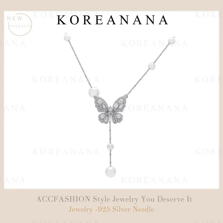 铜合金仿珍珠项链 镀白金 轻奢简约超仙流苏珠珠蝴蝶项链E331