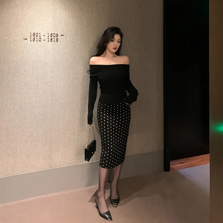 林关关【夜色巴黎】黑色法式波点针织半身裙女气质百搭中长款长裙子