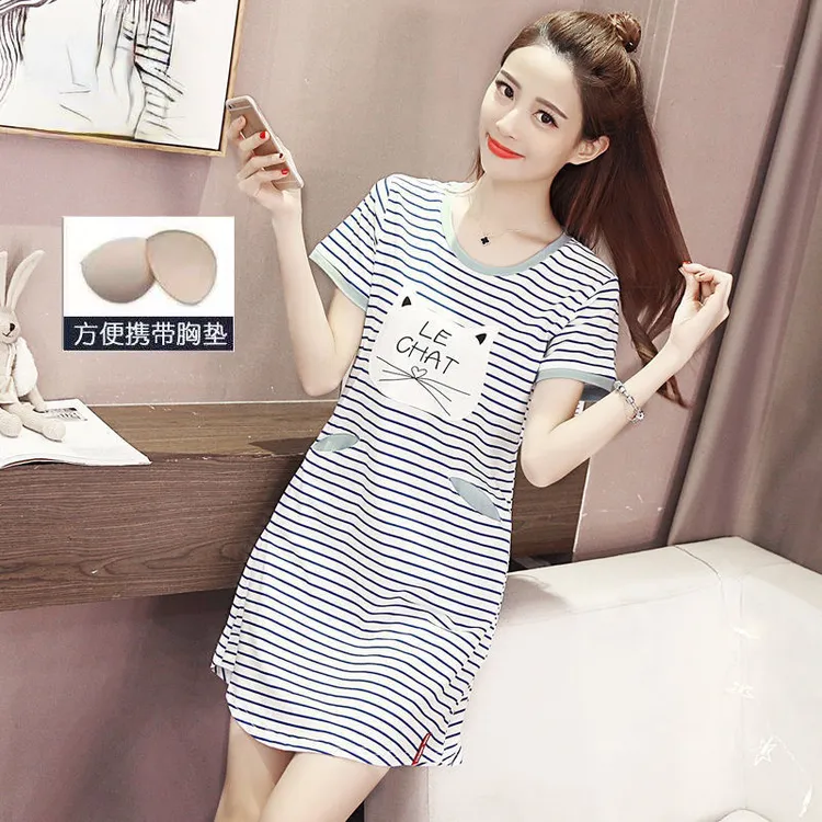 带胸垫睡衣女夏季可爱清新睡裙薄款宽松短袖学生韩版少女薄可外穿