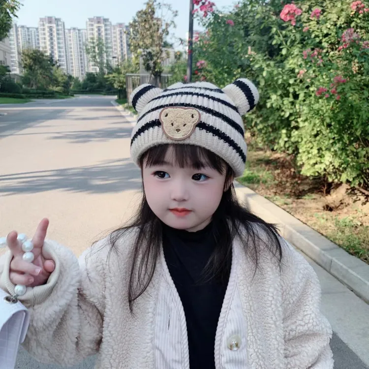 婴儿帽子冬季男宝宝婴幼儿超萌条纹熊毛线帽秋冬款新生儿童针织帽