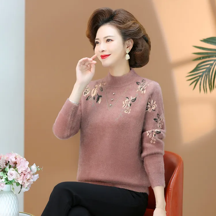 【9305】妈妈冬装新款保暖针织衫中年女装加厚时尚毛衣打底衫上衣