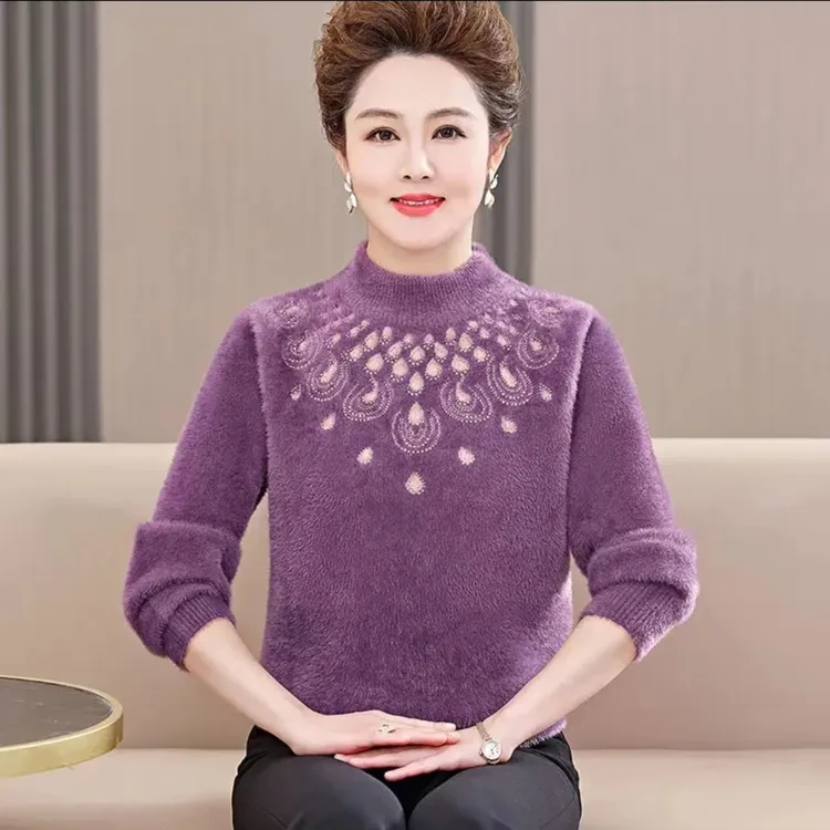 妈妈毛衣女加绒加厚老年人保暖内搭上衣中年女冬装仿水貂打底衣衫