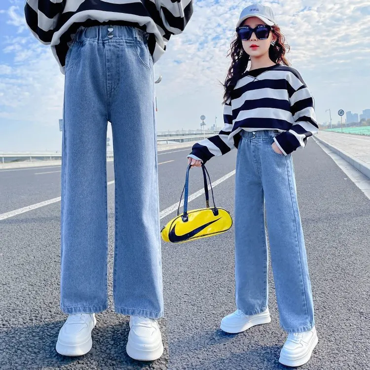 女童牛仔裤春秋款2024新款韩版洋气百搭阔腿裤中大童秋装牛仔裤子
