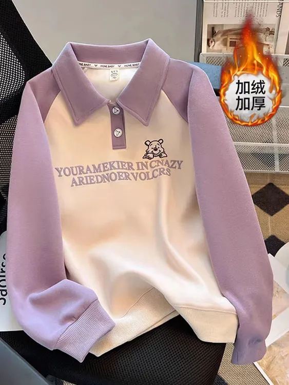 女童秋冬polo领学生卫衣2023新款洋气插肩袖女大儿童加绒加厚上衣