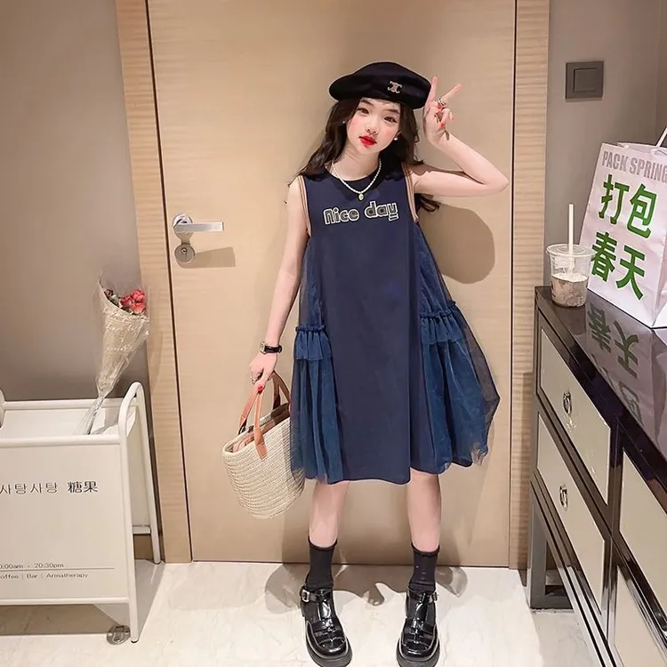 女童连衣裙夏季2024新款韩系儿童休闲长裙夏装女孩网纱气质背心裙