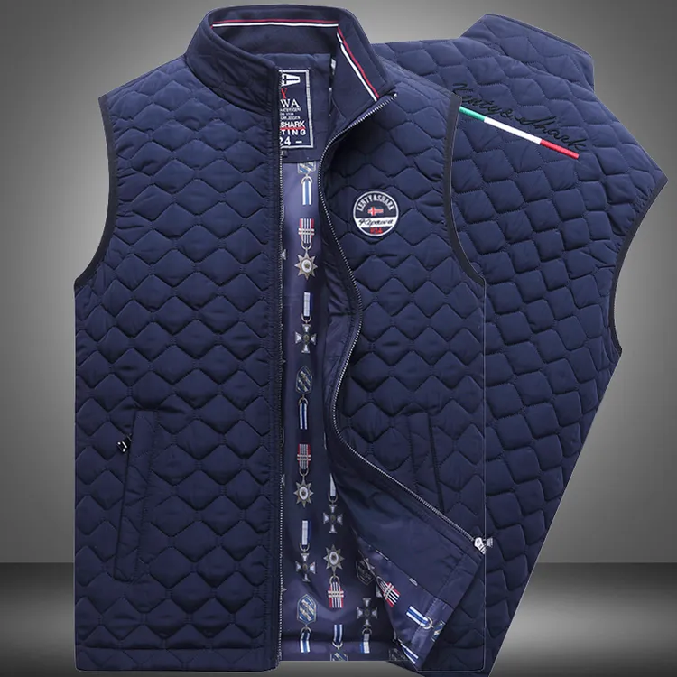 肯迪鲨鱼秋冬棉马甲男大码中青年棉坎肩刺绣棉背心外套马夹上衣