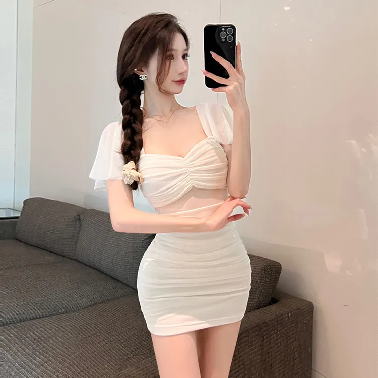 夜场气质网纱褶皱修身包臀裙按摩技师工作服显瘦纯欲紧身连衣裙女