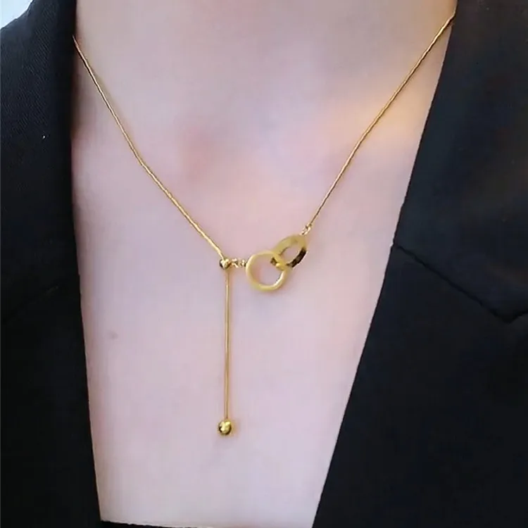 钛钢项链 钛钢项链抽拉流苏环环相扣锁骨链百搭项链女气质毛衣链