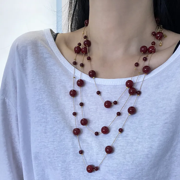 铜合金项链 红色串珠项链女毛衣链2025新款爆款网红长款轻奢小众