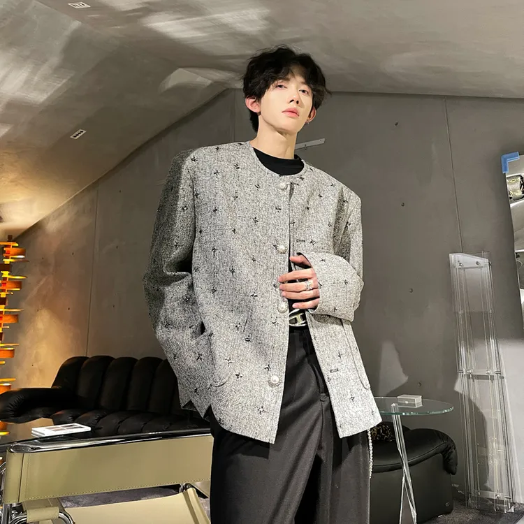 小香风垫肩无领外套男春秋美式复古vintage潮牌痞帅宽松休闲夹克