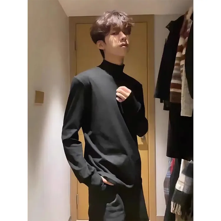 黑色半高领德绒长袖t恤男款秋冬美式cleanfit潮牌内搭打底衫上衣