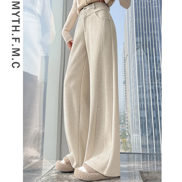 米白色加绒慵懒风松弛感糯米裤子女秋冬季宽松直筒窄版弯刀阔腿裤