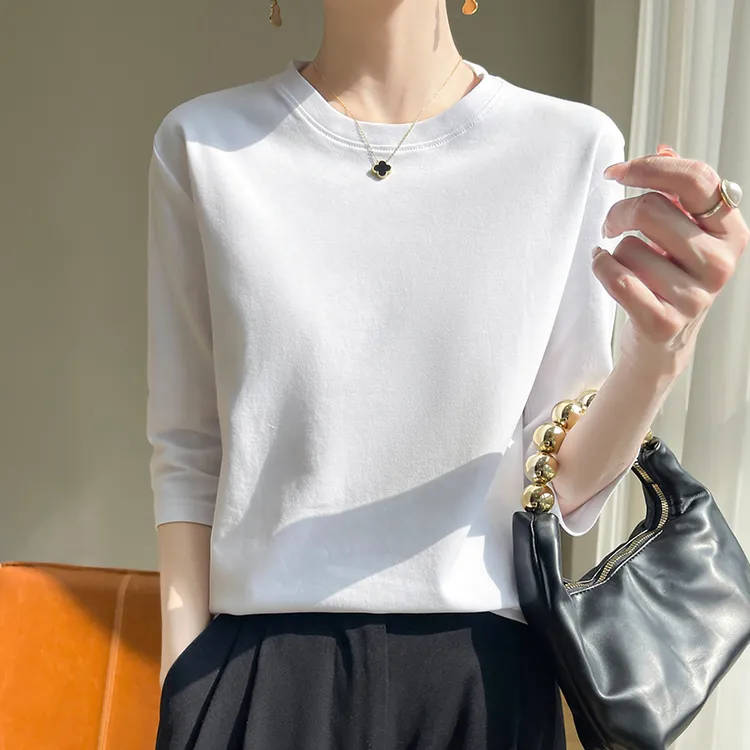 全棉白色丝光棉t恤女七分袖春夏新款中袖打底百搭半袖上衣yq8805