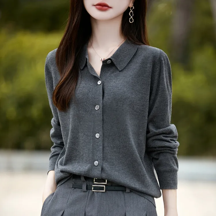 娃娃领精纺羊毛针织开衫女休闲宽松翻领毛衣外套polo领上衣ns3279