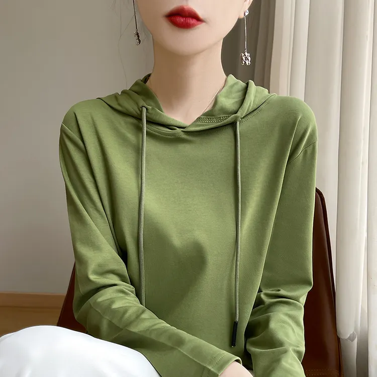 春秋款100%纯棉长袖T恤帽衫女纯色连帽卫衣宽松精梳棉上衣