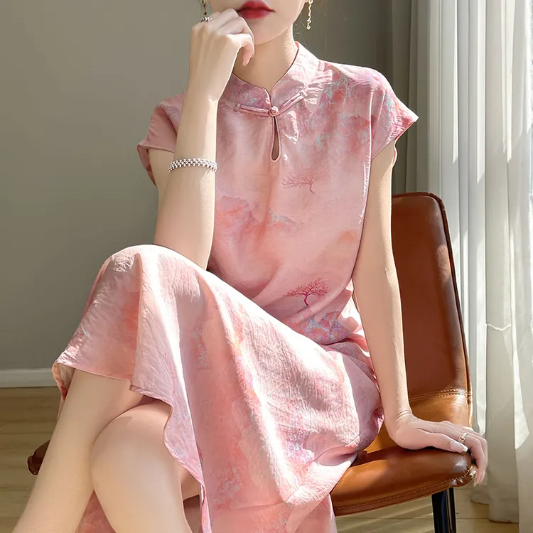 新中式晕染提花旗袍裙女复古国风改良设计立领短袖连衣裙SL8080