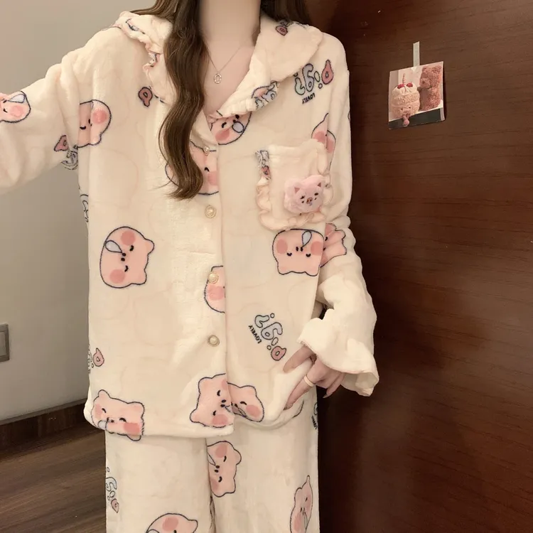 珊瑚绒睡衣女款冬季加绒加厚法兰绒日系可爱小猪套装可外穿家居服