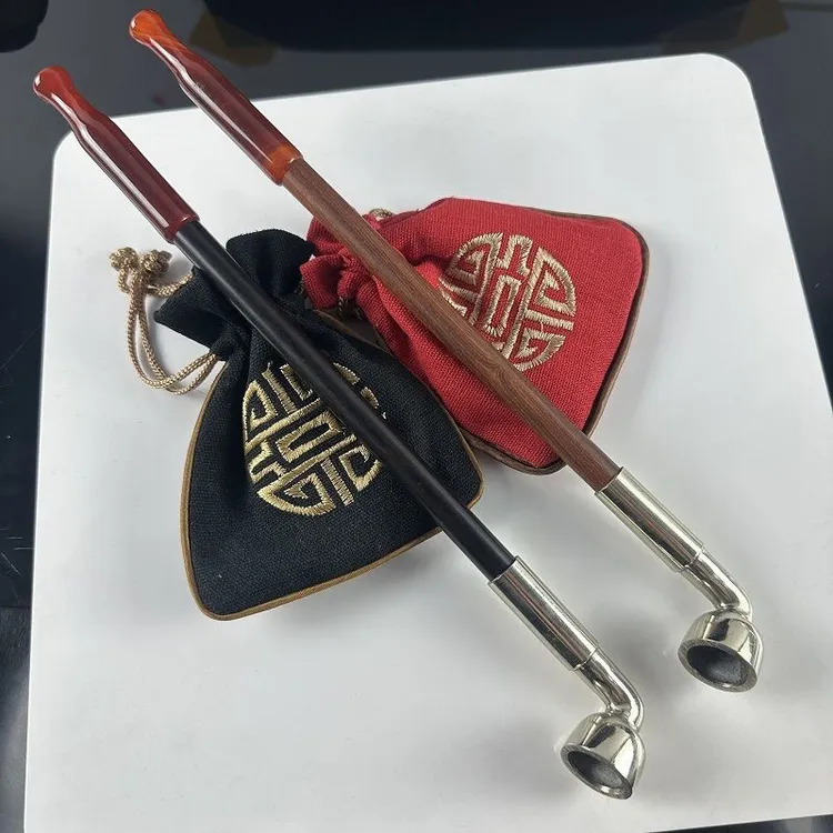 白铜大号锅檀木旱烟杆套装 加长玛瑙烟嘴 紫檀木杆
