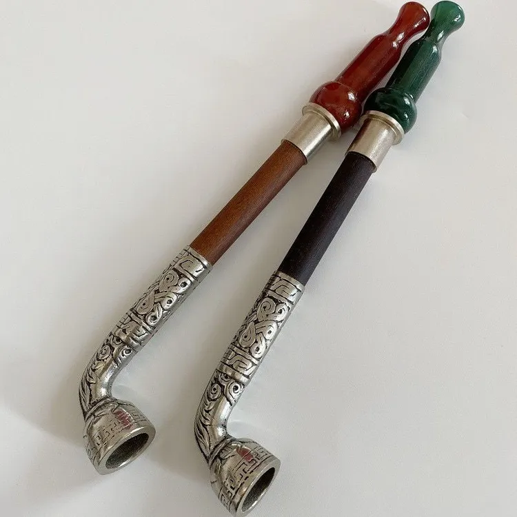 手工旱烟袋实木烟杆老式白铜雕刻烟锅套装老人礼品