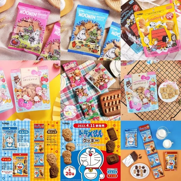 日本北陆制果饼干巧克力曲奇可可味哆啦A梦姆明凯蒂造型4连包零食