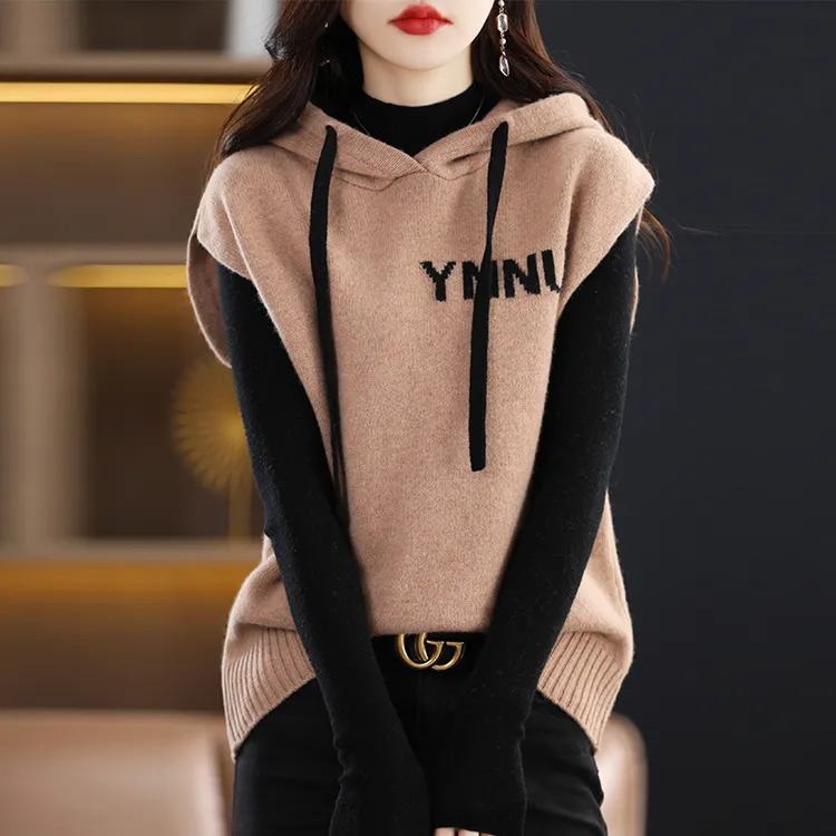 新款连帽无袖羊绒衫马甲背心女宽松拼色叠搭羊毛针织坎肩外女款