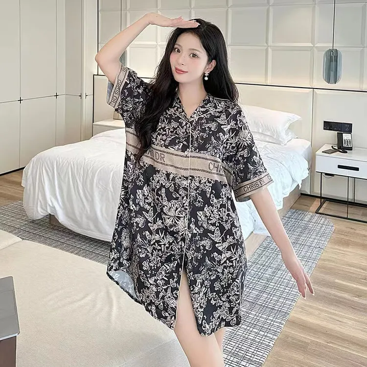 【黑梦蝶】冰雪丝寸衫领睡裙大码时尚休闲大码夏季女士可外穿家居服