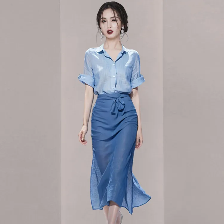 1165夏装搭配一整套今年流行漂亮休闲慵懒蓝色短袖衬衫两件套装女