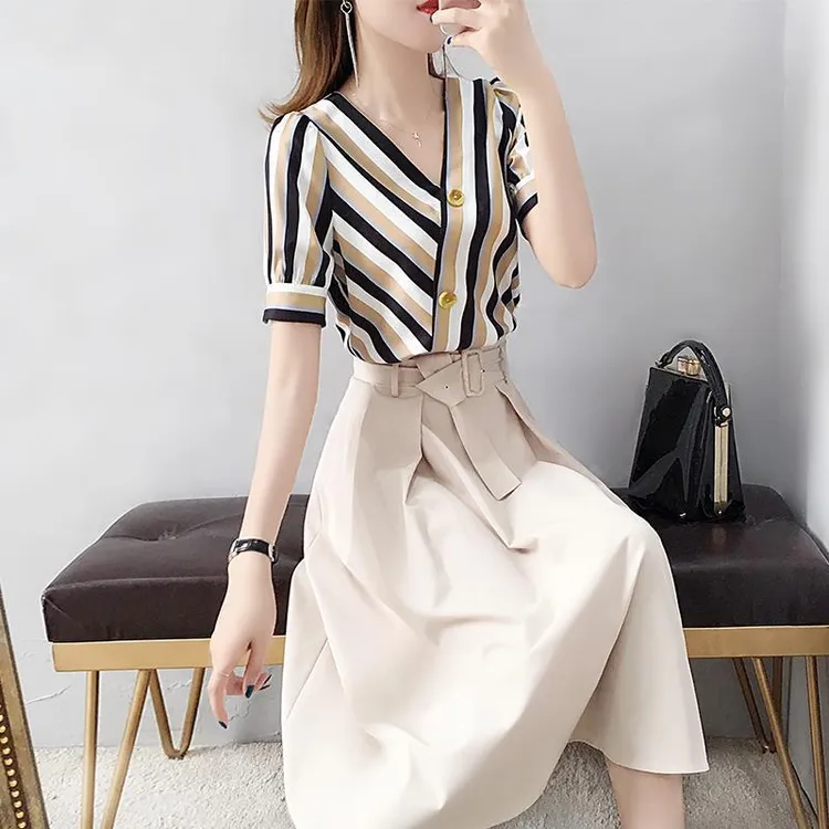 条纹连衣裙两件套女2023夏季中长新款时尚气质套裙显瘦休闲高腰裙