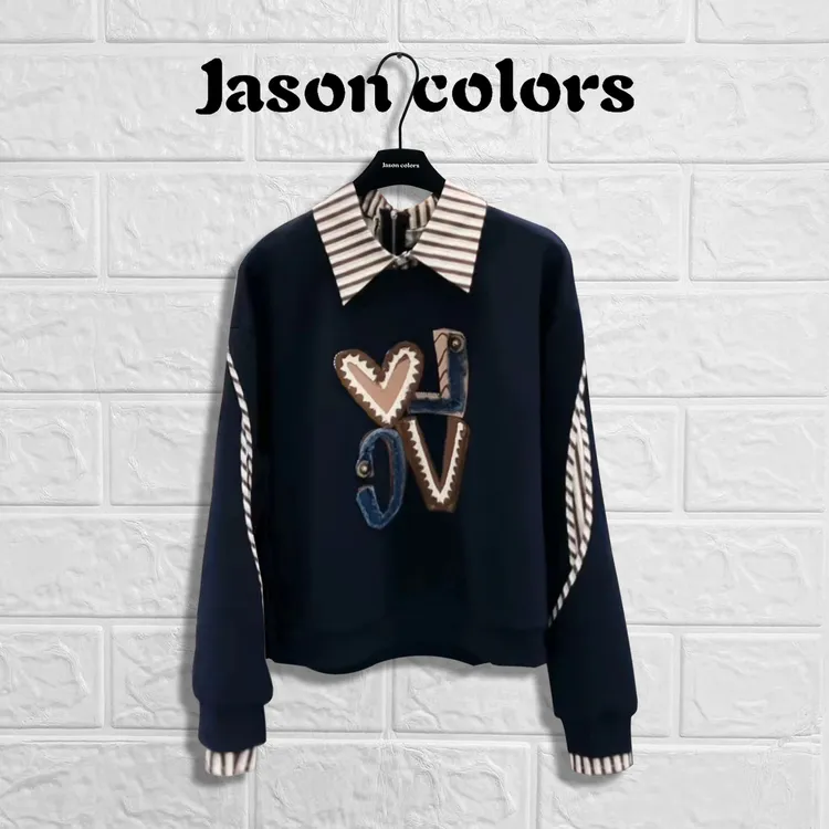【Jason colors】时尚休闲条纹假两件拼接重磅刺绣爱心显瘦长袖卫衣