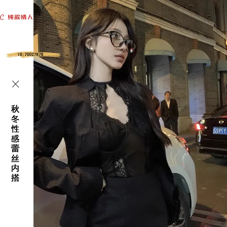 名媛蕾丝吊带背心女夏季纯欲辣妹性感抹胸挂脖上衣打底衫内搭绝美