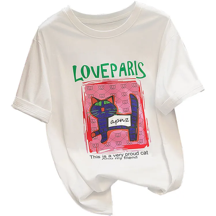 APNZ女装2024夏装新款女装简约套头休闲圆领短袖印花T恤显瘦白色