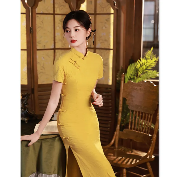 典雅感纯黄色棉麻长款短袖旗袍2024春夏新款复古国风高考妈妈旗袍