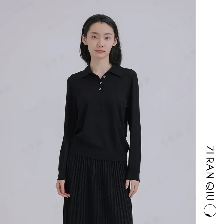 【自然秋】晚秋 新款气质简约18针百搭翻领针织长袖女士精纺羊毛衫