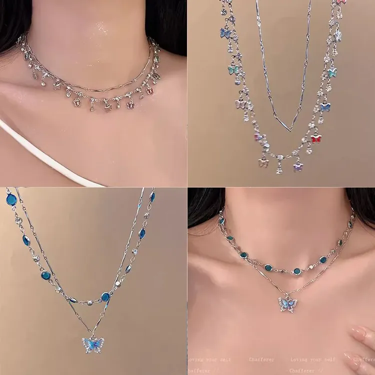 铜合金亚克力项链 彩色蝴蝶项链女轻奢气质choker叠戴锁骨链感