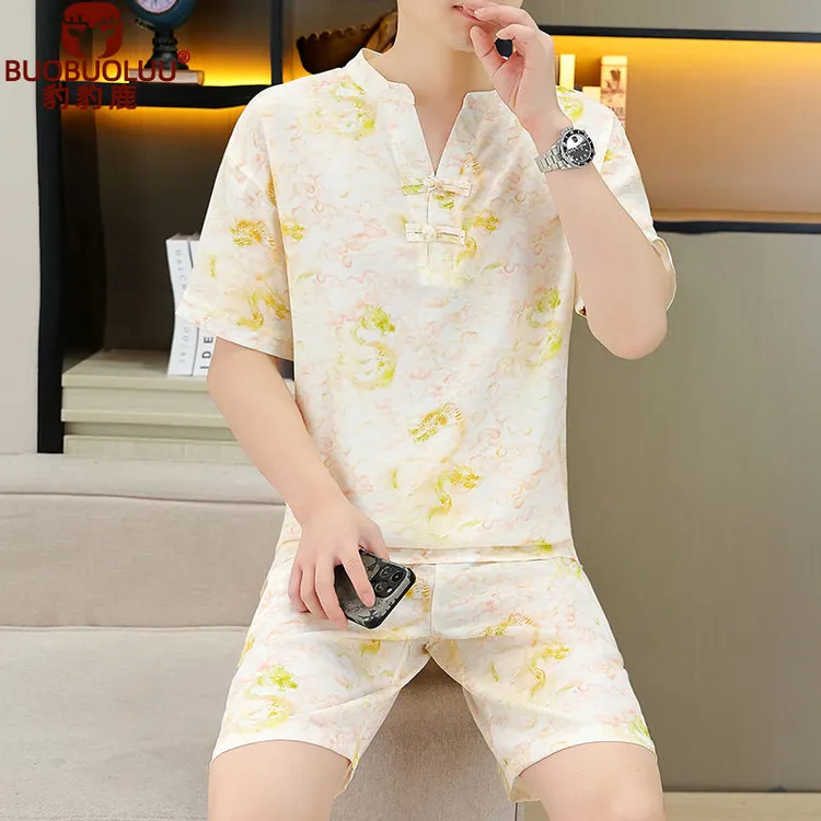 夏装新款薄款冰丝小衫家居服中国风睡衣短裤短袖t恤上衣套装外穿