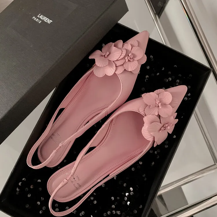 艾妃~甜美女鞋24春夏季新款鞋子尖头细跟中跟鞋花朵包头后空凉鞋