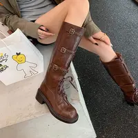 米娜~显腿长~高筒骑士靴女中粗跟搭扣不过膝西部牛仔靴长筒时装靴