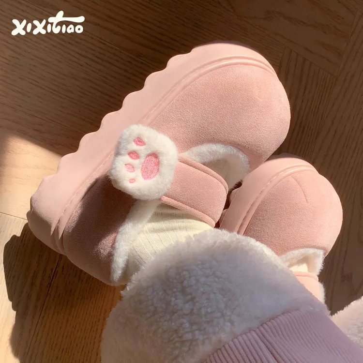 细细条 可爱猫爪魔术贴棉鞋冬加绒厚底单鞋少女心保暖圆头豆豆鞋