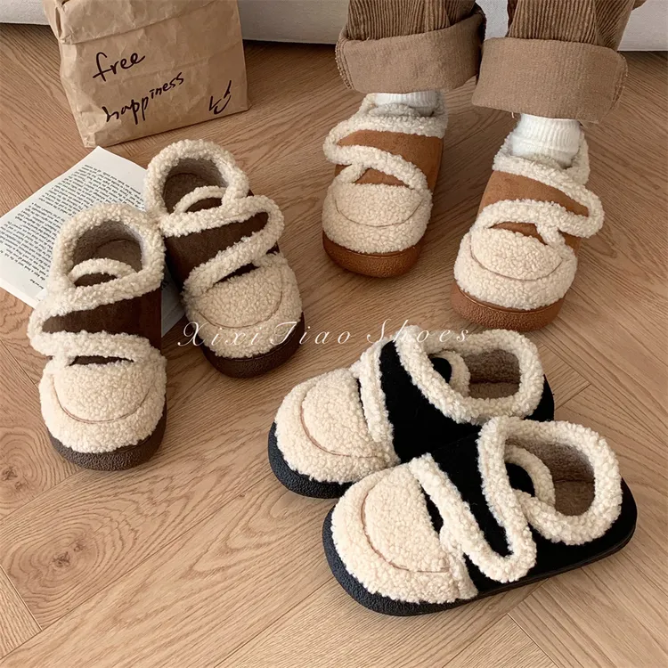 细细条 加绒保暖棉鞋女2024冬季新款网红复古风魔术贴乐福豆豆鞋