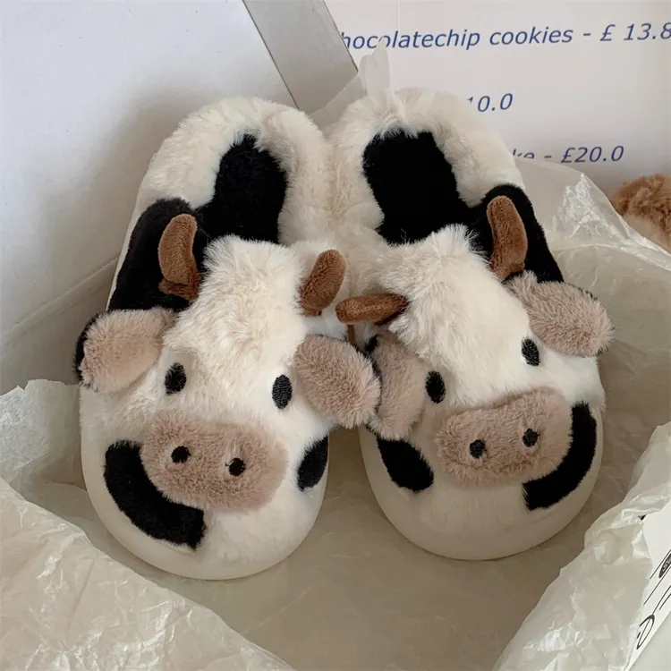 细细条 可爱卡通小奶牛棉拖鞋女冬季居家防滑保暖软底毛绒月子鞋