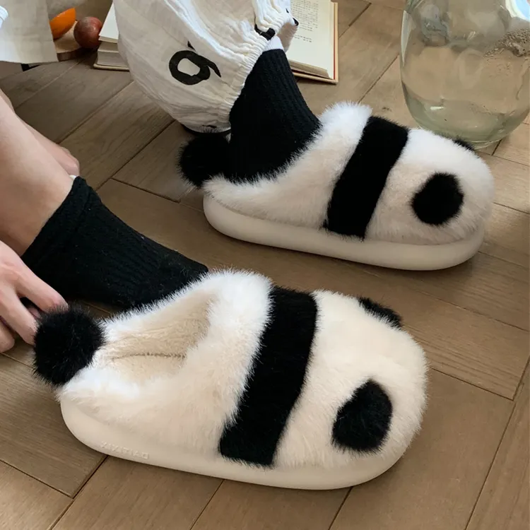 细细条 冬季可爱熊猫背影毛毛鞋毛绒保暖软底防滑居家女士棉拖鞋